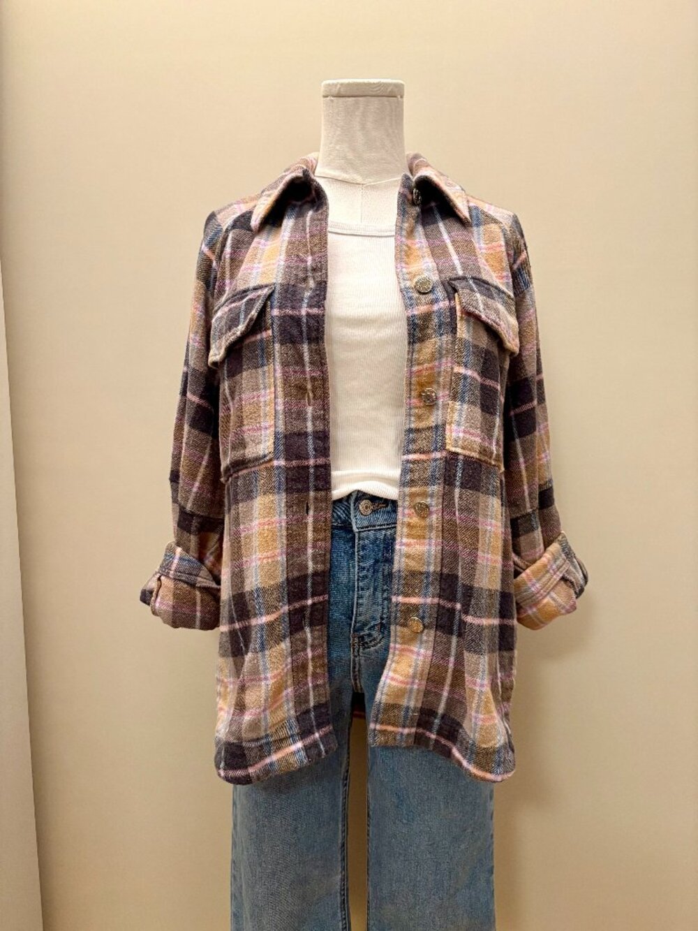 Zara Plaid Button-Up Shacket in Pink and Brown